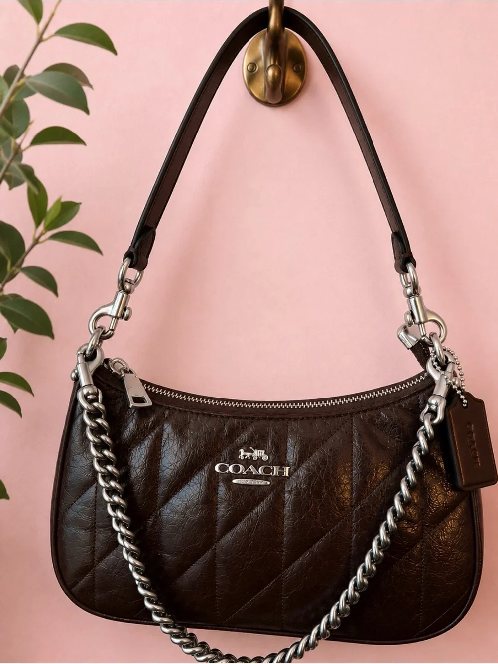 COACH Teri SOFT Quilted Leather Shoulder Bag in Dark Brown